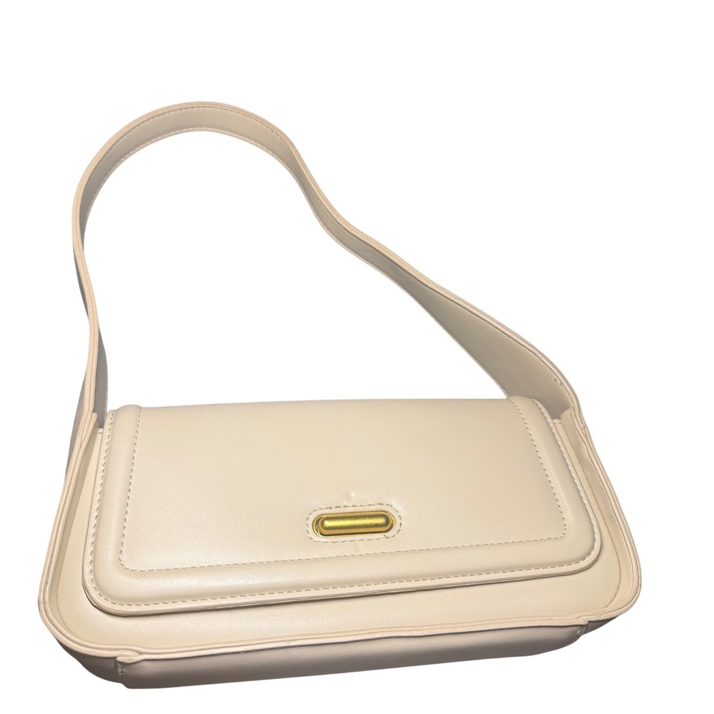 Rachel Zoe Cream Vegan Leather‎ Baguette Shoulder Bag Gold Turn Lock Hardware